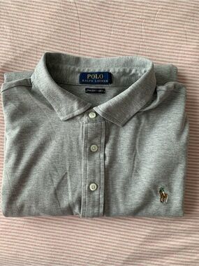 Polo Ralph Lauren 100% pima cotton soft Long-Sleeve Light Grey men's polo shirt